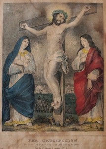 ANTIQUE 19TH C CURRIER & IVES THE CRUCIFIXION HAND COLORED VICTORIAN LITHOGRAPH