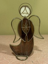 Stained Glass Angel Statue Purple w/ Clear Wings, Christmas Decor 10" H