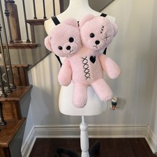 Hot Topic Light Pink 2 Headed Goth Bear 15" Plush Backpack "Social Collision"