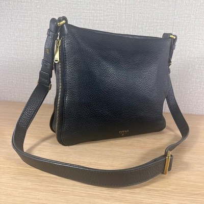 Fossil Black Pebbled Cowhide Leather Crossbody Shoulder Bag Gold Zip Large