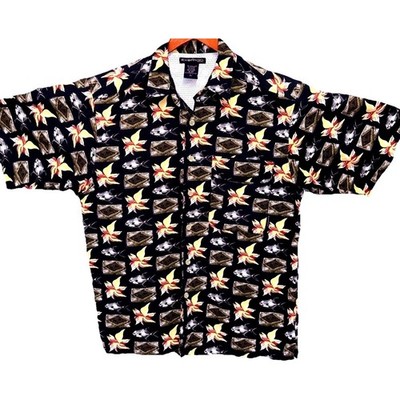 ExOfficio Hawaiian Shirt Mens L Blue Fish Floral Tropical Vented Camp Button
