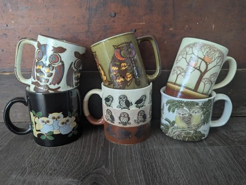 Vtg Lot of 6 1970s Otagiri Japan Stoneware Owl Coffee Tea Mugs Hand Painted EUC