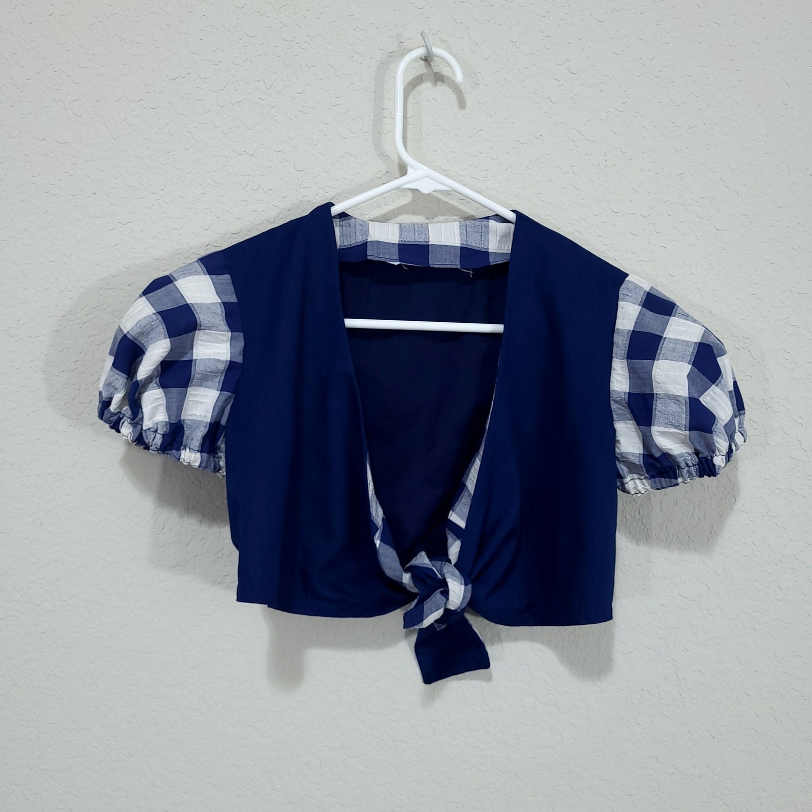 Handmade Blue White Gingham Crop Top with Puff Sleeves and Tie Front in XXS