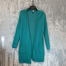 J Jill Women's Cardigan M Open Front Long Duster Linen Blend Green Open Knit