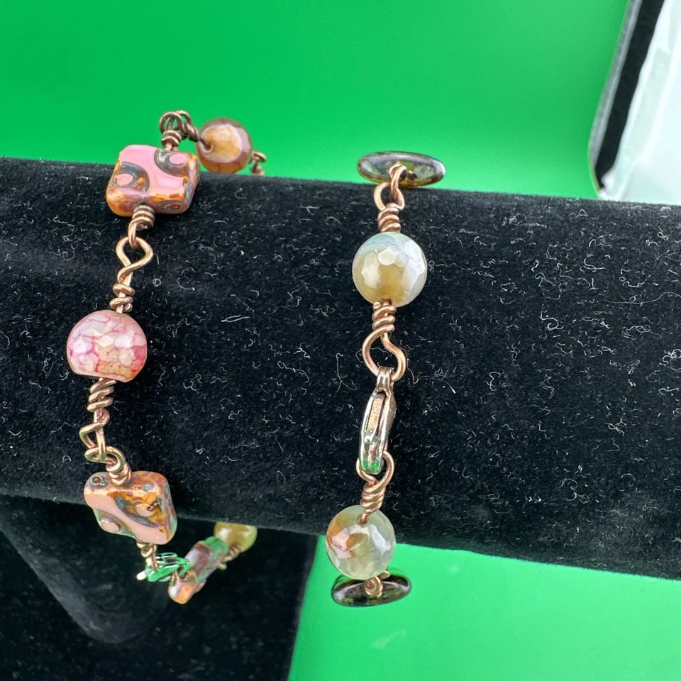 Pulseras de cobre con cable de vidrio multicolor con cuentas 2 piezas Foto 2 de 4