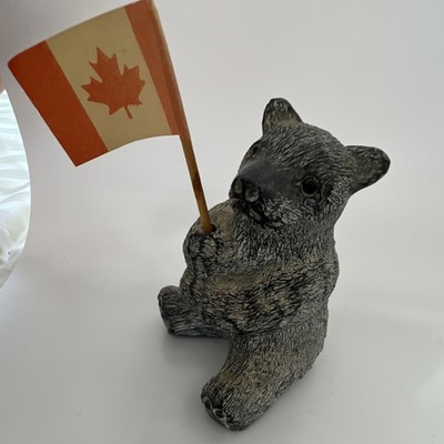 Gray Resin Bear Figurine Holding Canada Flag, Hand Painted Animal Theme