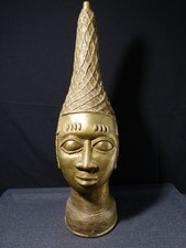 Grande sculpture statue en bronze buste femme africaine grande coiffe chapeau