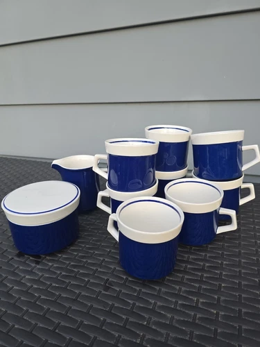 Vintage Mikasa Light n Lively Blue and White Coffee Cup , Sugar & creamer set