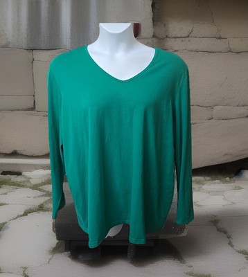 Basic Editions Plus Sz 3X  Top Green V-Neck Long Slv Tee Stretch Tagless 