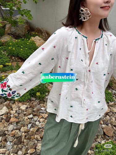 Camisa Sezane Floral Bordado Suelto Top Cordón Borla Cuello Redondo Manga Burbuja - Imagen 2 de 12
