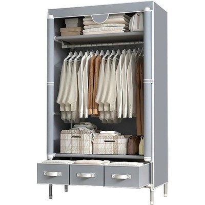 Portable Clothes Closet Rolling Door Wardrobe with Hanging Rack