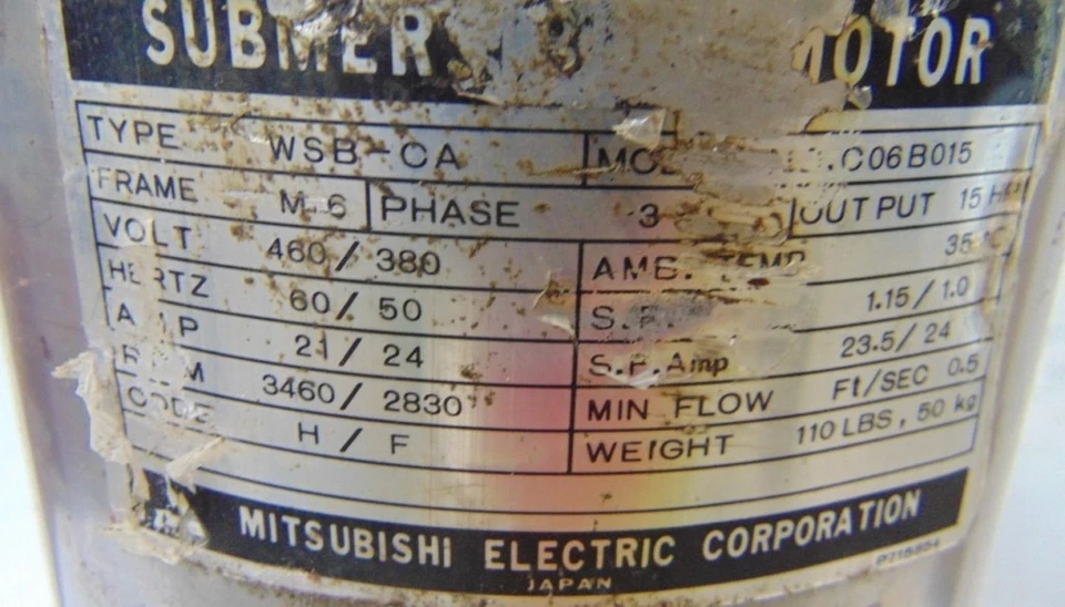 MOTOR SUMERGIBLE MITSUBISHI, C06B015, WSB-CA, M6, 15 HP, 3 FASES, 380/460 VOLTIOS Foto 3 de 4