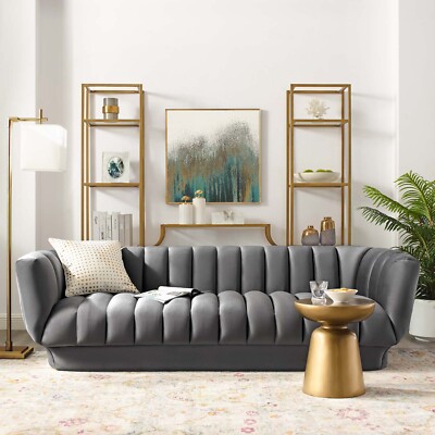 Modway Entertain Vertical Channel Tufted Performance Velvet Sofa Couch in Gray