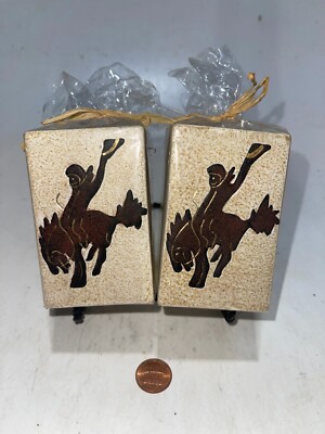 (Lot Of 2) Porcelain Western Design Candle Holder With Bucking Bronco 3.5'' In