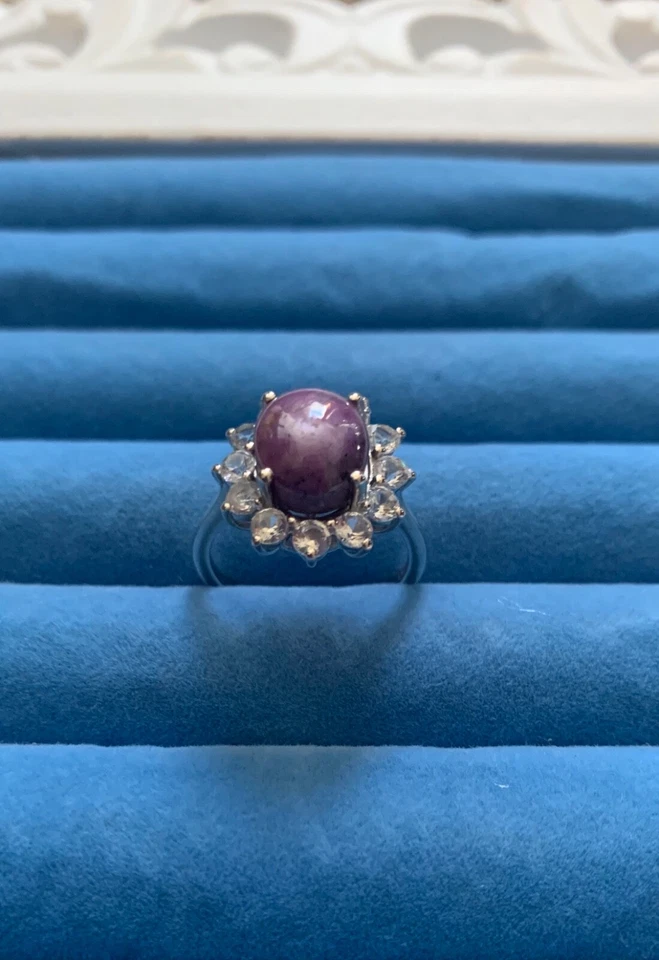 Indian Star Ruby, White Topaz Halo Ring in Platinum Over Sterling - Size 8 - Image 4 of 4