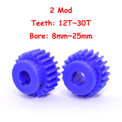 2 Modulus 12~30 Teeth 8mm~25mm Bore Blue Nylon Spur Gear Drive Gearbox with Hub