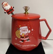 Taza de té de cacao café Feliz Navidad roja con cuchara y tapa de Santa en muy buena condición