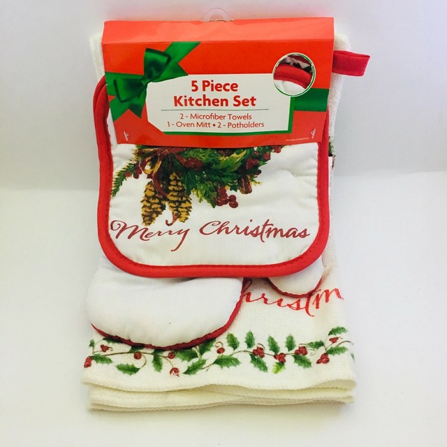 Holidays Christmas Kitchen Set 5 Pcs (2 Towels 1 Oven Mitt 2 Pot