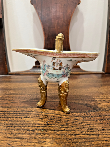 Unusual old Chinese famille rose enameled and gilt porcelain jue vessel - as is