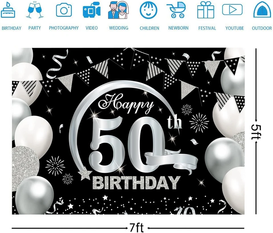 Banner de cumpleaños del 50 aniversario de 7X5 pies telón de fondo negro y plateado decoración de aniversario Foto 2 de 4