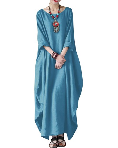 Women's 3/4 Sleeve Round Neck Solid Loose Long Maxi Dress Cotton Gown with Si...