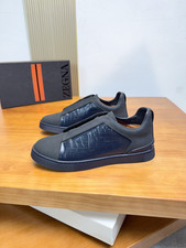 ZEGNA Triple Stitch Men Navy Crocodile Embossed Leather 