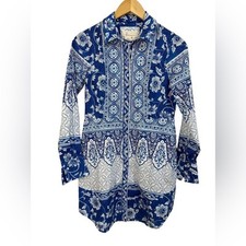 Anthropologie printed v-neck buttonfront shirtdress blue white size XS NEW