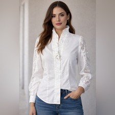 Soft Surroundings White Ruffle Collar Lace Sleeve Button Front Blouse Size M