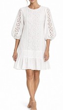 POL Cotton Linen White Eyelet Boho Drop Waist Flowy Mini Dress Sz Medium
