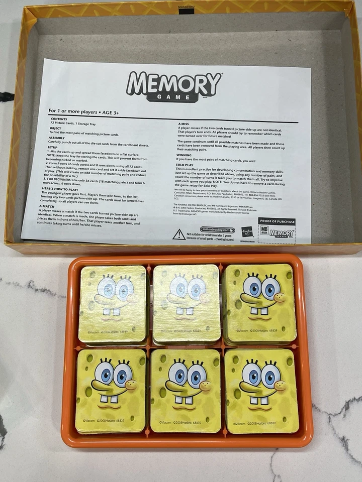 2008 Milton Bradley Nickelodeon SpongeBob Memory Game COMPLETE 72 Cards & Tray - Image 2 of 4