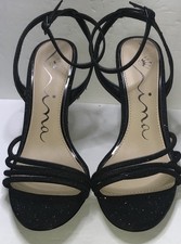 Nina Black Faux Leather Strappy Glitter Stiletto Heels Buckle Open Toe 8.5M