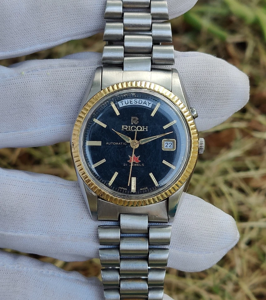 Винтажные мужские часы Ricoh Automatic President 061 121 черный циферблат японское производство N - Изображение 2 из 4