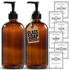 16 OZ Amber Glass Soap Dispenser Set with Pump, 2 Pack, Includes 6 Labels
