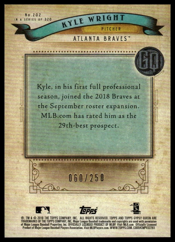 2019 Topps Gypsy Queen #202 Kyle Wright Indigo #/250 - Image 2 of 2