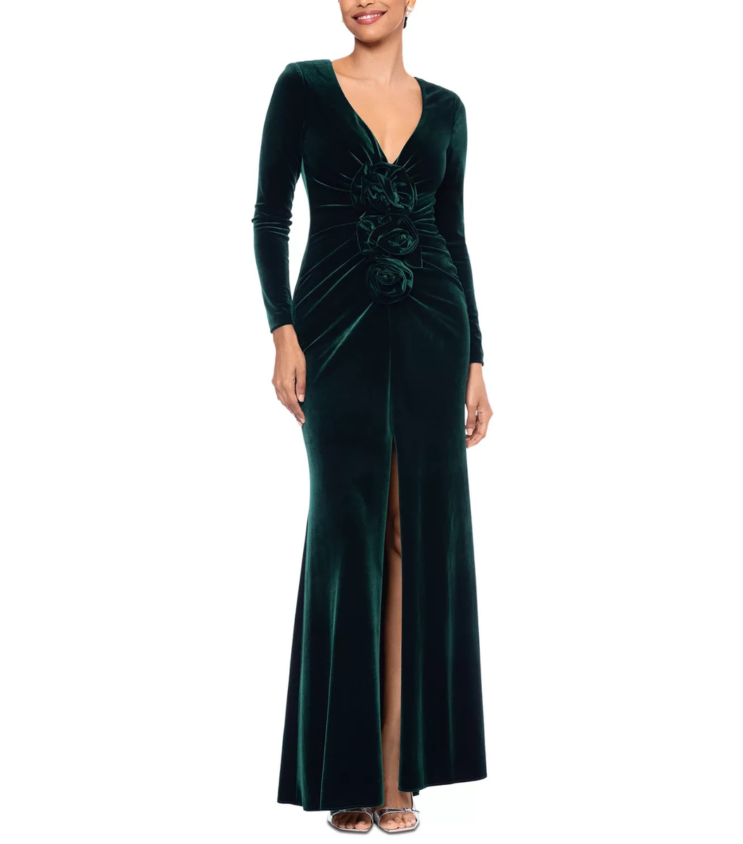 Betsy & Adam Women's Velvet Rosette Long-Sleeve Gown - Hunter - Size 6