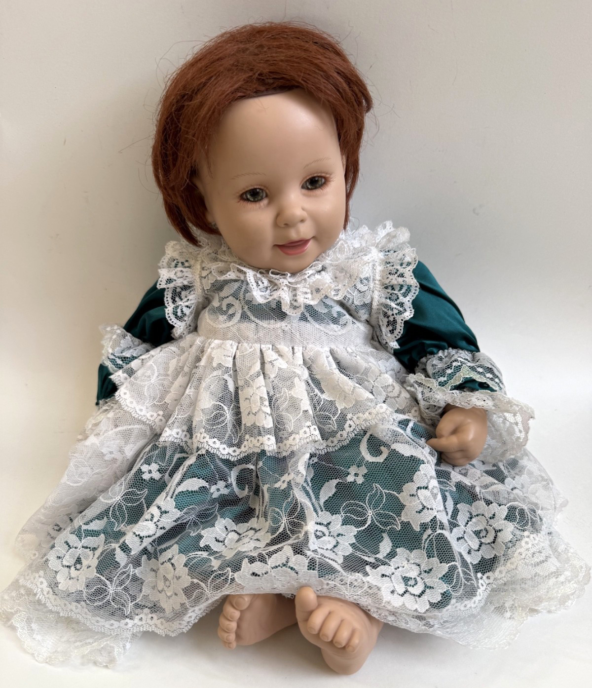 Vintage Adora 18" Realistic  Baby Doll KRV-041, Red Hair, Green Satin Lace Dress