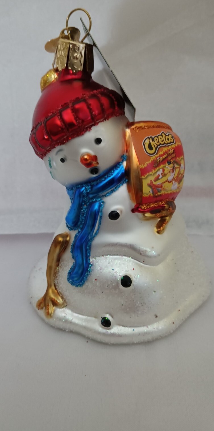 Viejo Mundo Navidad Vidrio Llameante Cheetos Muñeco de Nieve Adorno 2022 Nuevo con Etiquetas