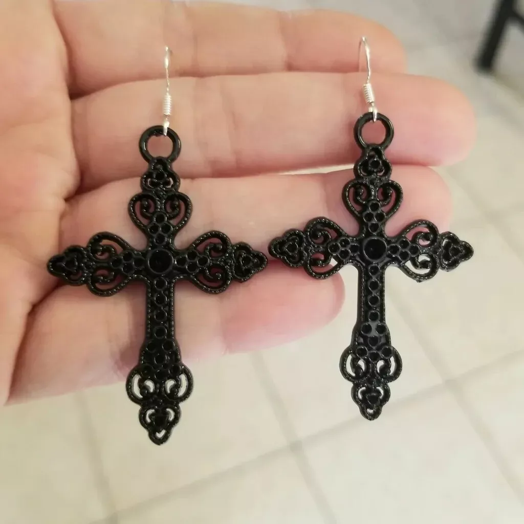 Large Cross Earrings Ornate Black Cross Earrings Dangle Gothic