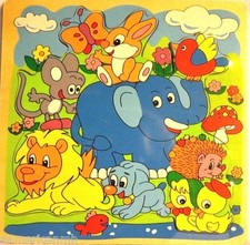 FUN ANIMALS 10 pc Raised Wood Puzzle 9"x9" Educational Toy Wooden Game Age 3