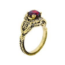 Ornate Garnet Engagement Ring 14K Yellow Gold Diamond Studded January Birthstone