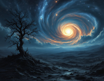 A Swirling, Fiery Galaxy Lights Up a Dark, Barren Landscape Poster Print 18 x 24