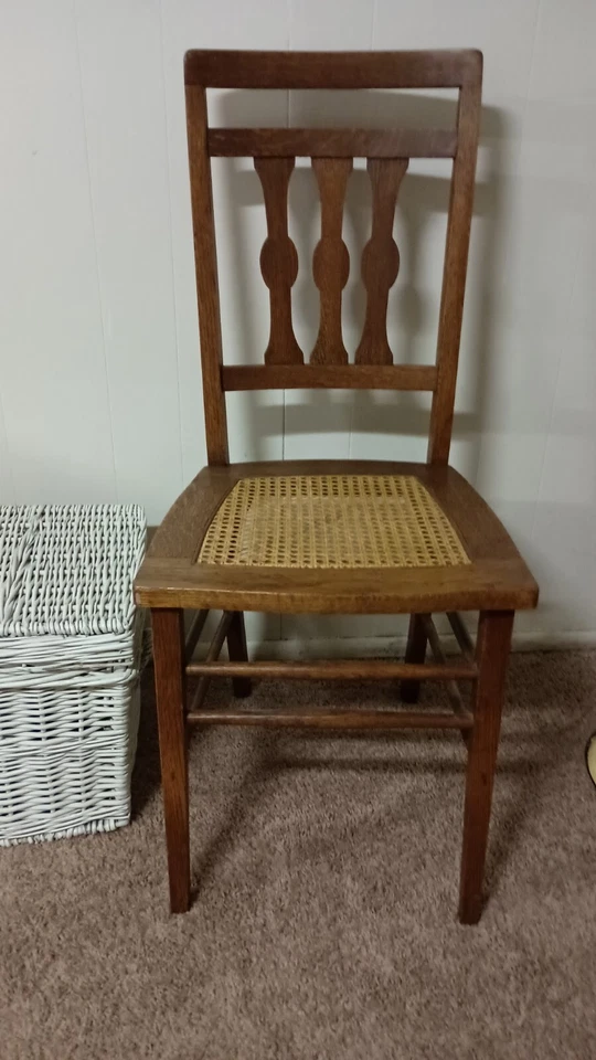 Antiguo asiento de caña de mimbre tocador de madera sin brazos silla de mesa peldaños ~raro~ Foto 2 de 4