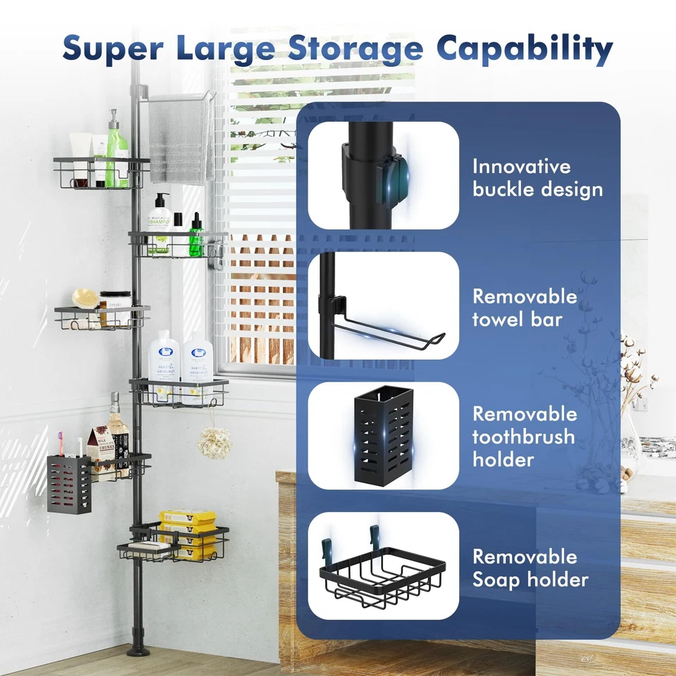 7-Tier Shower Caddy Organizer Tension Pole, Rustproof Corner Shelf for Bathroom - Image 2 of 4