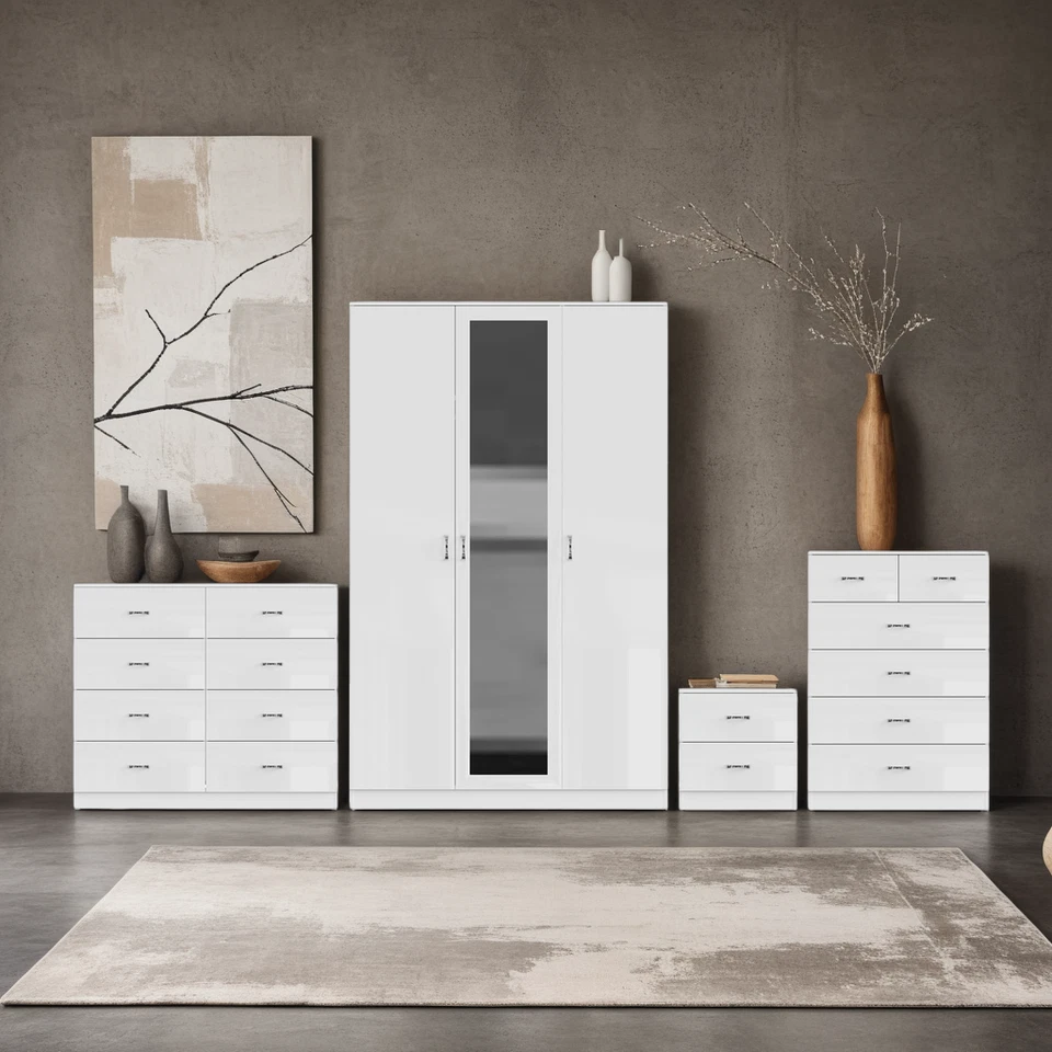 FWSTYLE White High Gloss Bedroom Furniture Wardrobe Chest of Drawers Bedside