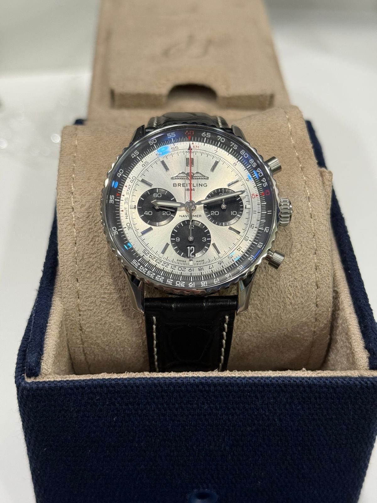 Breitling Navitimer B01 Chronograph 43mm Silver Dial Black Leather Strap AB0138241G1P1