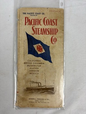 1898 Pacific Coast Steamship Routenkarte Alaska Klondike (original, getragen)