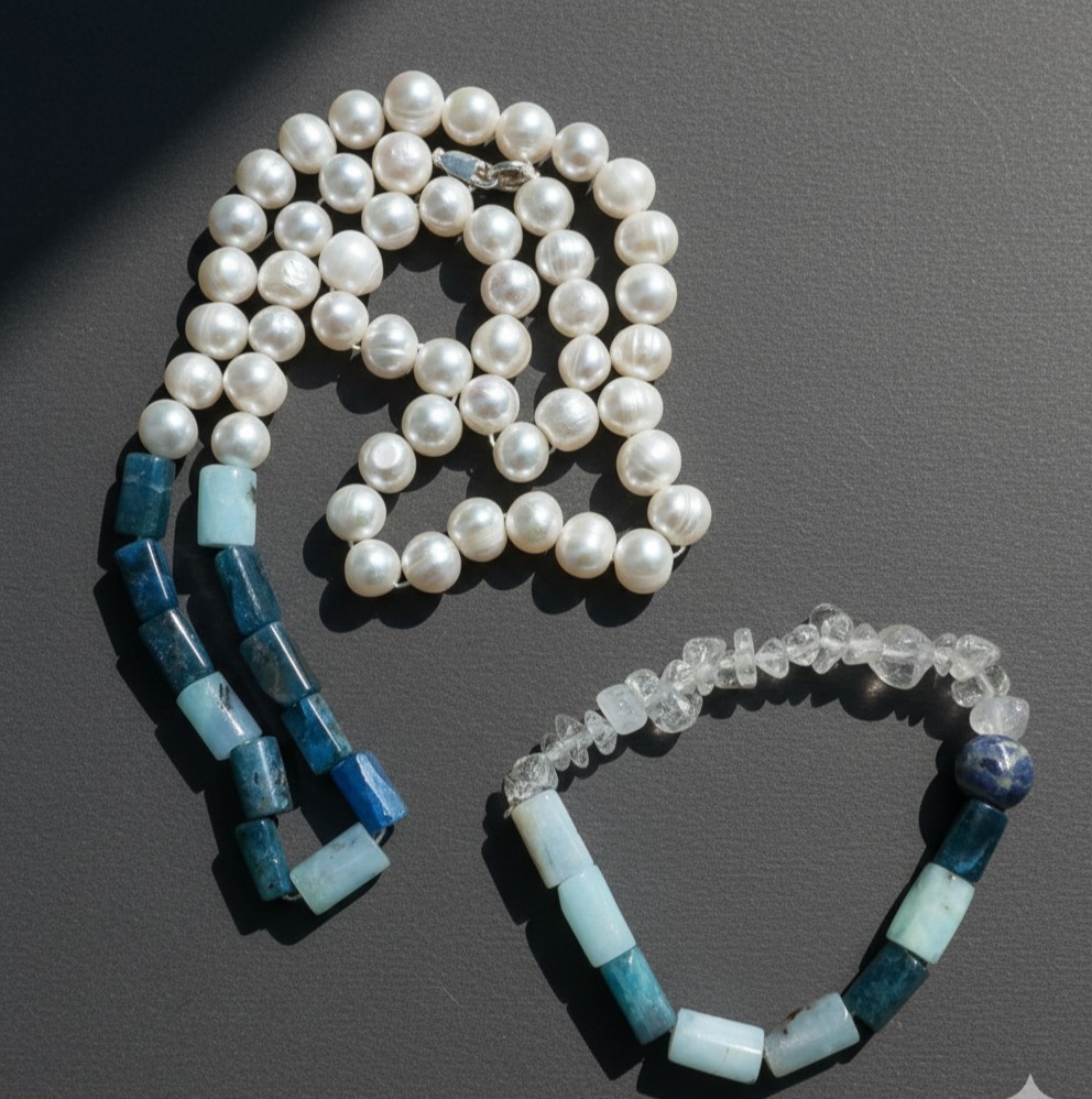 Luxury necklace Luxury Thai Cultured Pearl Silver and Blue Apatite Set 