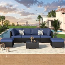 7 Pieces Garden Furniture Set, 6-Seat Outdoor Patio Rattan Sofa Set with Table