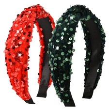2Pcs Christmas Headbands Sparkly Knotted 1 Count Pack of 2 Red and Green