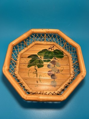 Vintage Handmade Bamboo Basket w/ Handpainted Grapevine Design, Made In China